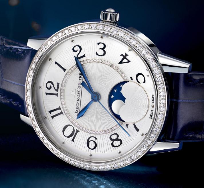 The blue hands are very elegant and mysterious on the silver dial adorned with guilloche pattern.